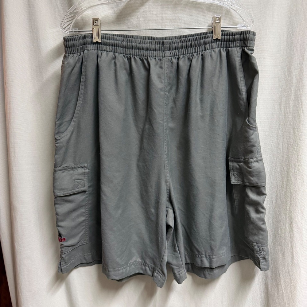 Vintage Adidas Mens 90s XXL Gray Nylon Cargo Shorts Elastic Waist Drawstring